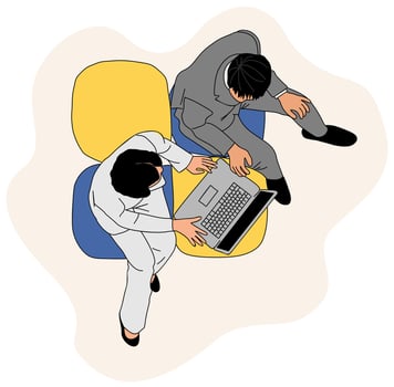 Business man and woman in formal suits sitting in lounge zone with laptop. Business meeting Top view vector