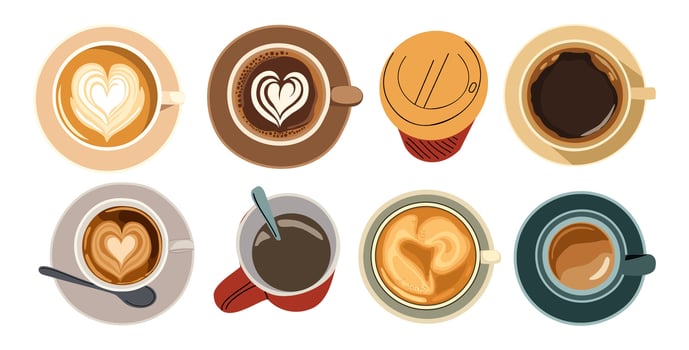 Set of different coffee cups top view, espresso, cappuccino, latte with milk foam in heart shape, disposable paper takeaway coffee cup with lid, americano in mug vector