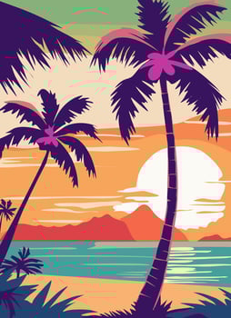 Colorful flat illustration of a beach landscape with palm trees and a sunset. Travel poster, banner, cover template. vector