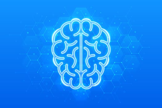 Human brain icon. Brain research. Psychology and Neurology. Physician teaching about alzheimer, dementia disease. Molecular structure. Blue medical background with hexagons vector