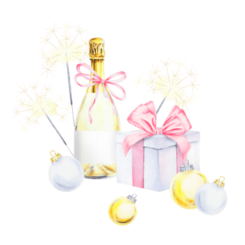 A festive hand draw watercolor clip art featuring a champagne bottle tied with a pink ribbon, a gift box with a bow, sparklers and Christmas ornaments. Perfect for holiday and celebration designs png