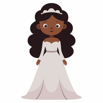 a cartoon African American woman bride with dark hair. Dark skinned doll in a wedding dress. Isolated on white background. Front view. vector