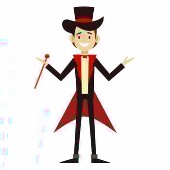 cheerful cartoon magician character in black and red coat and top hat holding magic wand .Isolated on white background. Front view. vector