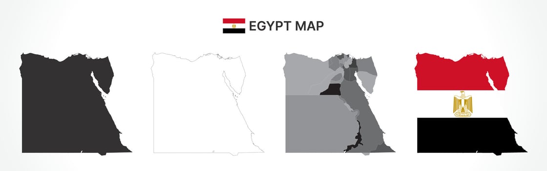 Detailed Egypt Map Collection with Outline, Silhouette, Governorates, and Flag Overlay Variations vector