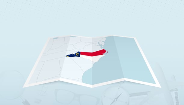 Map of North Carolina with the flag of North Carolina in the contour of the map on a trip abstract backdrop. vector