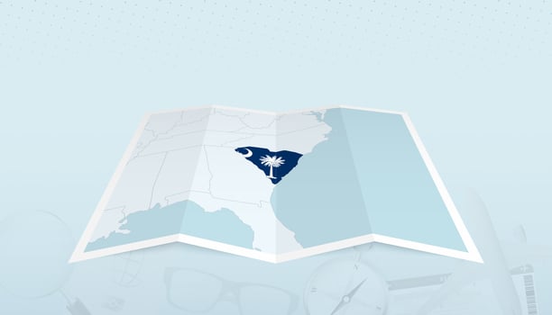 Map of South Carolina with the flag of South Carolina in the contour of the map on a trip abstract backdrop. vector