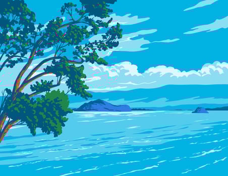 Taiputuputu Pahi Beach in Paihia Bay of Islands New Zealand WPA Poster Art vector