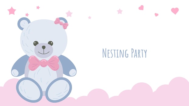 Nesting party banner honor of expectant parents. Blue bear cub in clouds. Website poster design in pastel colors. illustration. vector