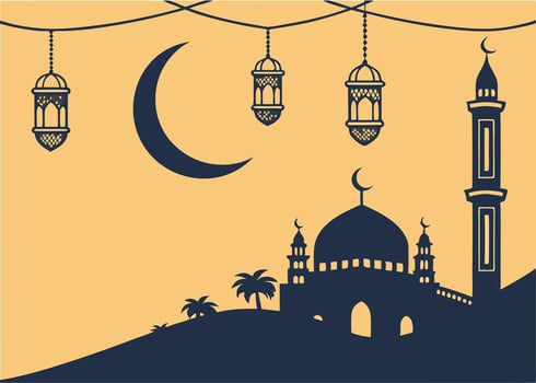 Islamic crescent moon and mosque silhouette for Ramadan designs vector