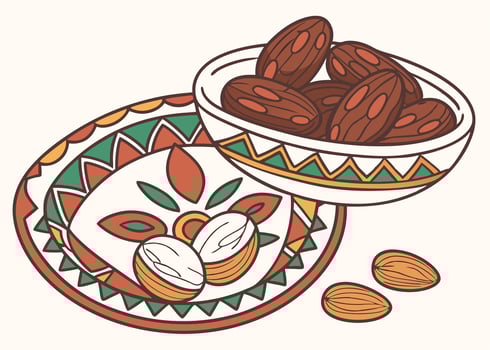 Dates and nuts on Ramadan-themed decorative platter vector