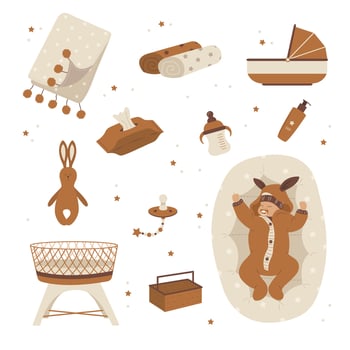 Scandinavian baby care elements. Boho sleeping newborn. Vintage wooden toys for children. Great for baby shower, invitation and home decor. illustration in flat cartoon style vector
