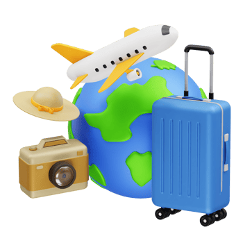 travel suitcase with travel icons 3d. Travel the World plane icon illustration 3d png