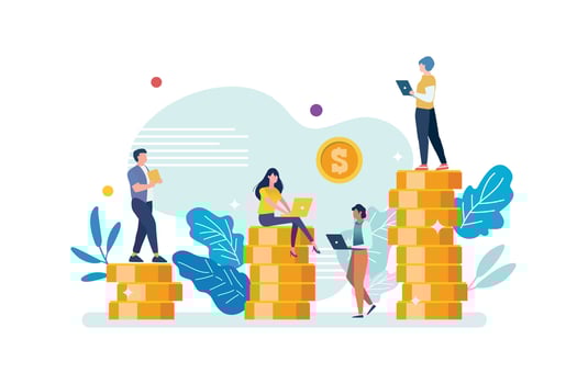 Business people with pile of money coins vector