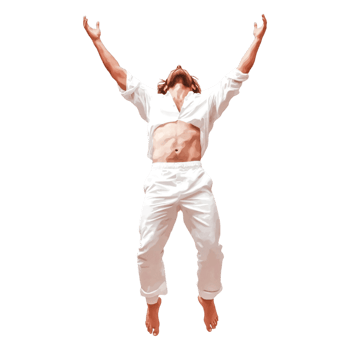 Energetic Man Performing Strong Leap with Open Arms in White Outfit png
