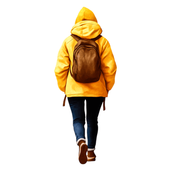 Woman Walking Away in Yellow Raincoat with Backpack on a Trail png