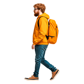 Walking Man in Orange Hoodie and Backpack png