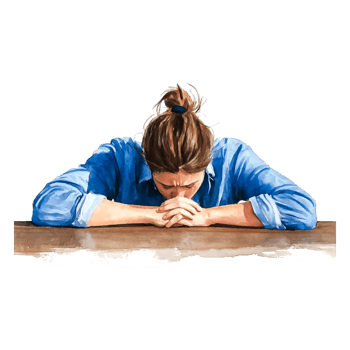 Young Woman in Blue Shirt Clutching Her Forehead in Discomfort png