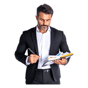 Businessman in Suit Reviewing Documents with Pen and Clipboard png