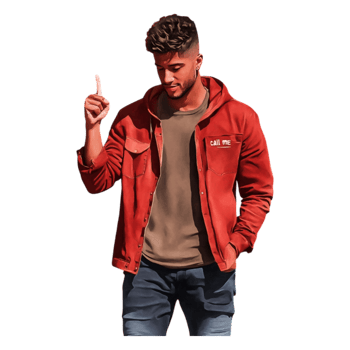 Young Man Wearing Red Jacket Pointing Upwards with Confidence png