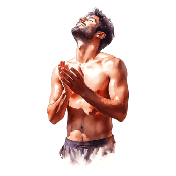 Joyful young man expressing gratitude with raised hands and smile png