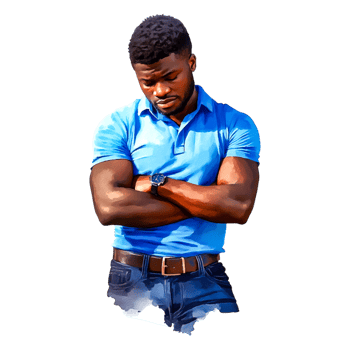 Thoughtful man in blue polo shirt with arms crossed and serious expression png