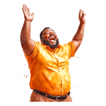 Joyful man celebrating with arms raised in vibrant orange shirt png