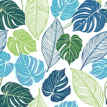seamless pattern of blue and green tropical leaves vector