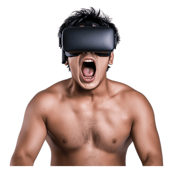 Excited Young Man Wearing Virtual Reality Headset with Open Mouth png