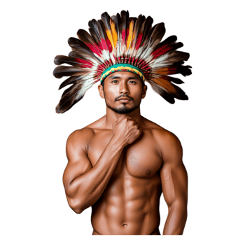 Strong Man with Colorful Feather Headdress Posing Confidently png