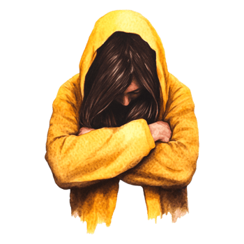 Depressed Individual in Yellow Coat with Head Down and Sad Expression png