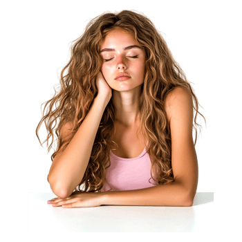 Young Woman with Wavy Hair Resting Her Chin on Hand Expression of Thought png
