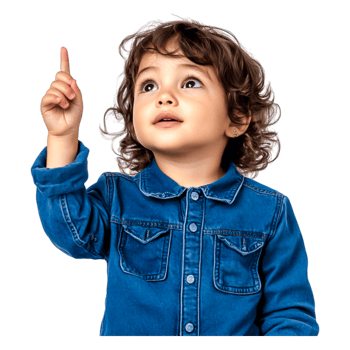 Curious Child Pointing Upward in Denim Jacket with Happy Expression png