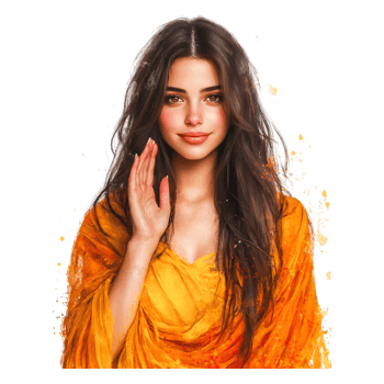 Young Woman with Long Hair in Bright Orange Outfit Smiling and Waving png