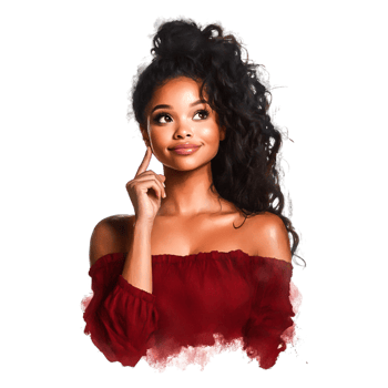 Thoughtful young woman with curly hair in red off-shoulder top png