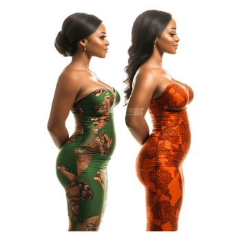 Elegant Women in Colorful Dresses Posed Back to Back with Style png
