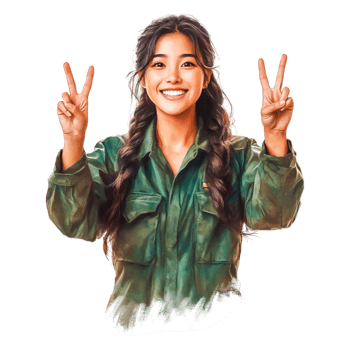 Young Woman Wearing Green Army Jacket Smiling Peace Sign Gesture png