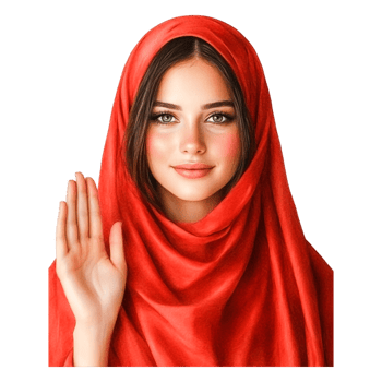 Young woman in red hijab with raised hand against solid background png