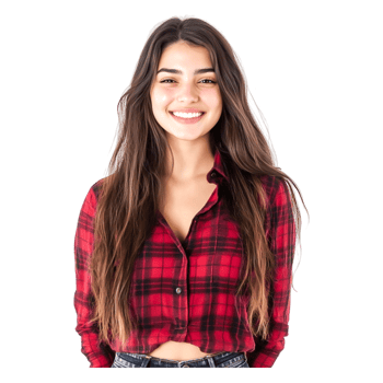 Young woman with long hair wearing a red plaid shirt and smiling png