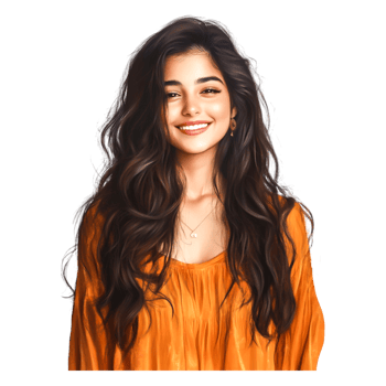 Joyful Young Woman with Long Dark Hair Wearing Orange Top png