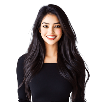 Beautiful woman with long black hair in a black top smiling brightly png