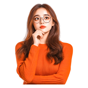 Thoughtful young woman in orange sweater and glasses posing elegantly png