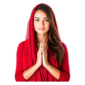 Young Woman in Red Hooded Garment with Hands in Prayer Pose png