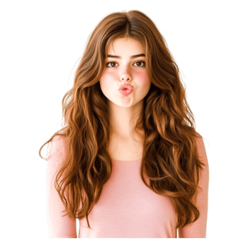 Young Woman with Long Wavy Hair Pouting in Soft Pink Top png