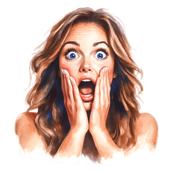Surprised woman with open mouth and wide eyes in watercolor style png