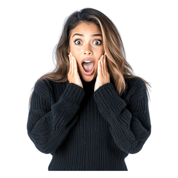 Woman Expressing Shock with Hands on Face in Black Sweater png