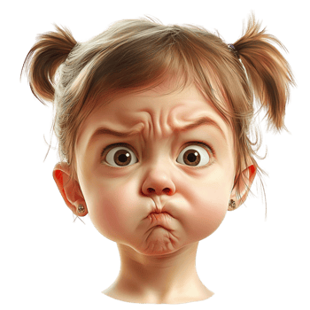 Young girl with pigtails making an angry frown with a wrinkled forehead and pout png