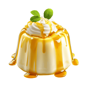 Creamy caramel pudding with a dollop of whipped cream and a sprig of mint on top png