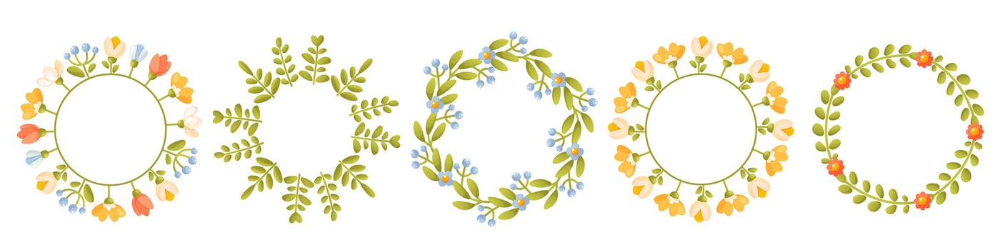 Set of floral spring, summer wreaths. Round floral frame with floral arrangements, with green leaves, empty space for text. Trendy greenery in botanical style in rustic style vector