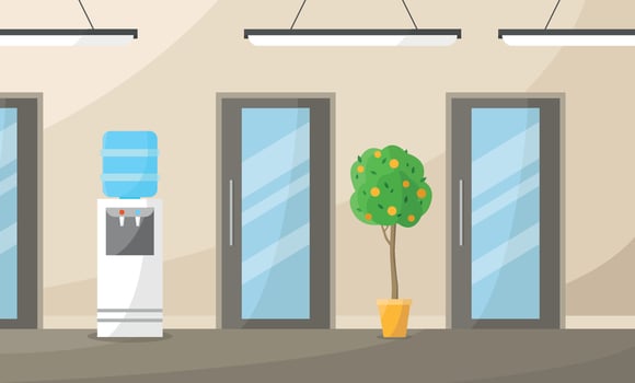 Interior of a modern office corridor with doors, water cooler, orange tree. Commercial real estate. vector