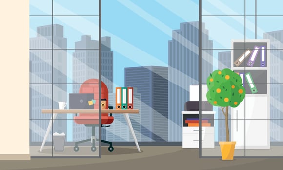 Office interior with furniture and a window overlooking the city. Workplace with partitions. vector